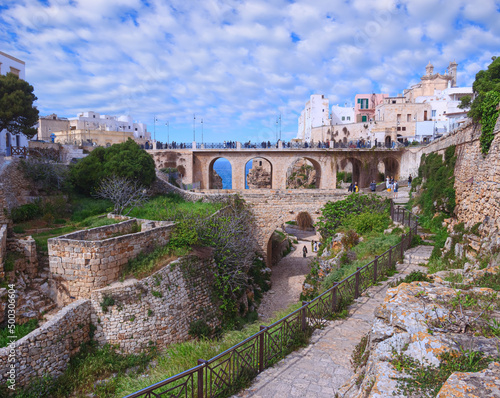 Polignano a Mare in Apulia, Italy: historic bridge over the famous Lama Monachile Beach. photo