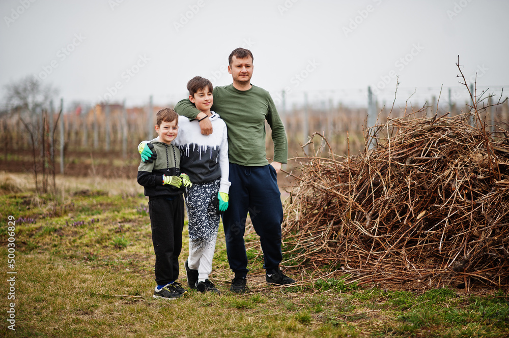 Father with two sons working on vineyard.