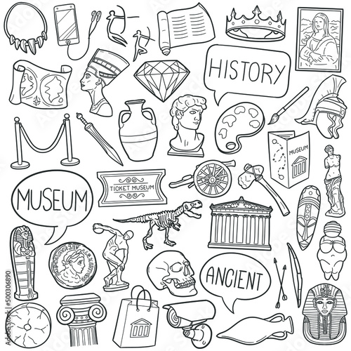 History Museum Doodle Icons. Hand Made Line Art. Art Gallery Clipart Logotype Symbol Design.