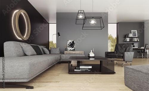 Wnętrze pokoju dziennego z szarą sofą przed czarną ścianą i okrągłą lampą ozdobną. © Waclaw