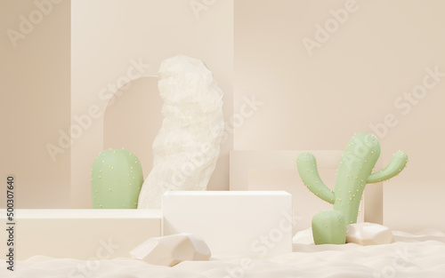 Fototapeta Naklejka Na Ścianę i Meble -  3d Mock up Brown cream podium with Cactus and Sands desert mini theme. Pedestal stage for product and cosmetic presentation. Abstract colorful scene for advertising. Sale promotion background.