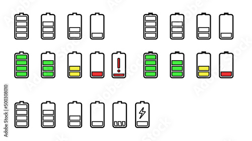 Battery icons set, color and outline icons icolated on a white background. Vector EPS 10.