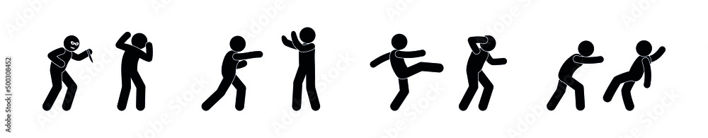 illustration attack on people, aggressive evil bandit hit man, stick figure man icon, vector isolated pictogram