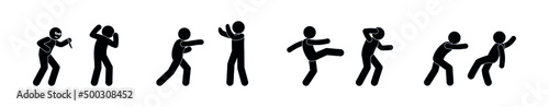 illustration attack on people, aggressive evil bandit hit man, stick figure man icon, vector isolated pictogram