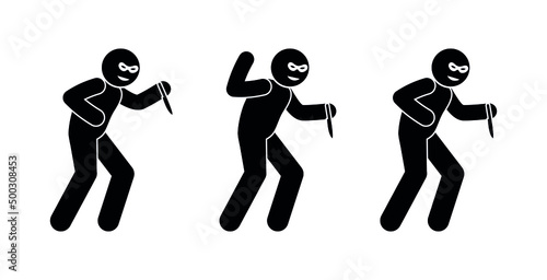 bandit sneaks with a knife, icons set, angry masked man, stick figure pictogram