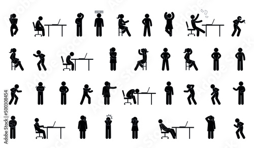 pictogram set, people in different poses and gestures, women and men, isolated icons, stick figure human silhouettes