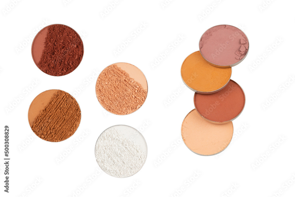 Eyeshadow crushed palette, colorful eye shadow powder isolated on a white background. Eyeshadow crushed palette, colorful eye shadow powder isolated on a white background.
