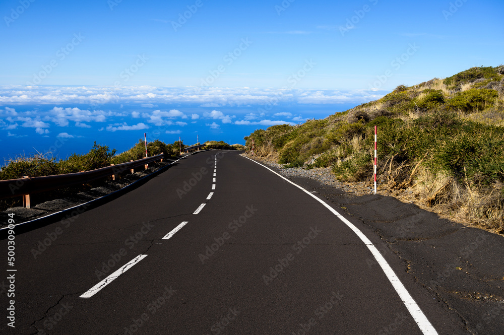 Driving on La Palma island to highest mountain Roque de los muchachos before Cumbre vieja volcano eruption in 2021, sunny day, Canary islands, Spain