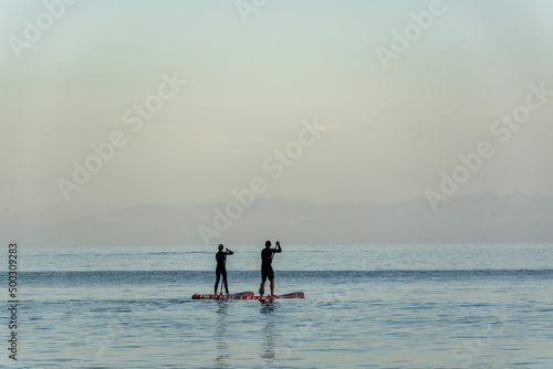 Silhouettes of people on paddle surf boards in Antlantic ocean on Tenerife island at sunset