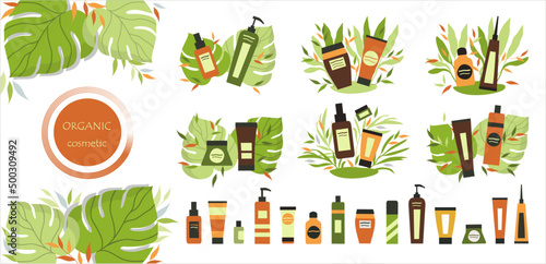 Organic cosmetic. Set of a skin-care product. Eco friendly. Vector illustration.