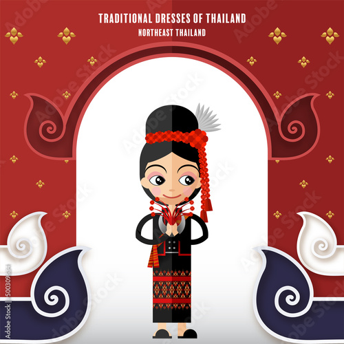 Cute cartoon characters girl in traditional dresses of thailand or thai traditional dance costume  in flat design color style on paper background