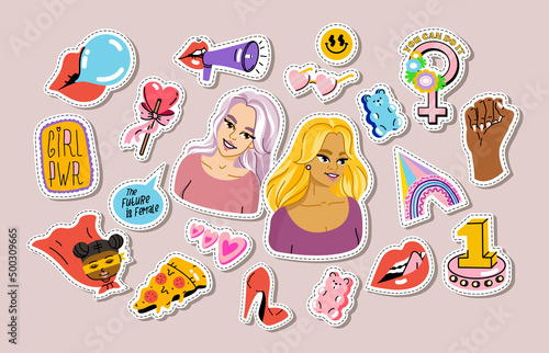 Collection of Girl Power stickers. Women's support and solidarity. The concept of the Women's movement. Stylized flat style. Vector illustration on isolated background
