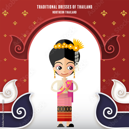 Cute cartoon characters girl in traditional dresses of thailand or thai traditional dance costume  in flat design color style on paper background