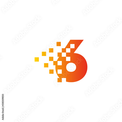Colorful number 6 sign fast pixel dot logo. Number six pixel art. Integrative pixel movement. Creative messy technology icon. Modern icon creative ports.