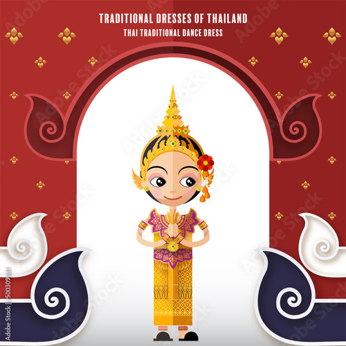 Cute cartoon characters girl in traditional dresses of thailand or thai traditional dance costume  in flat design color style on paper background