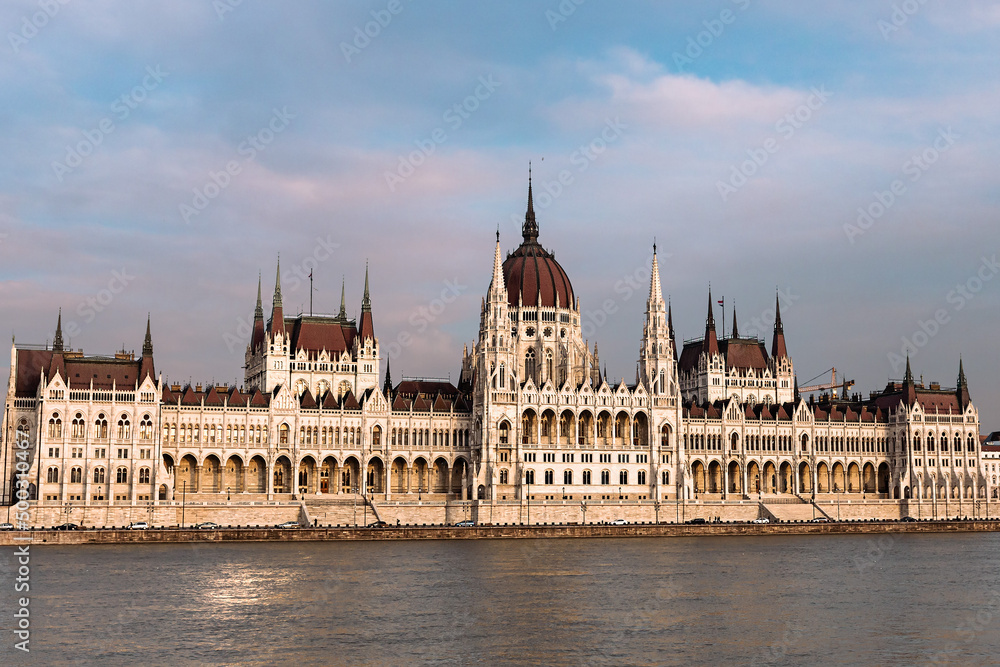 view from the Danube River to the panorama of the Hungarian Parliament, which is a symbol of the Hungarian capital