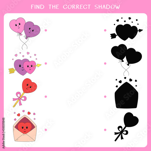 Find the correct shadow for the Valentine's day symbols. Vector worksheet of simple educational game for kids