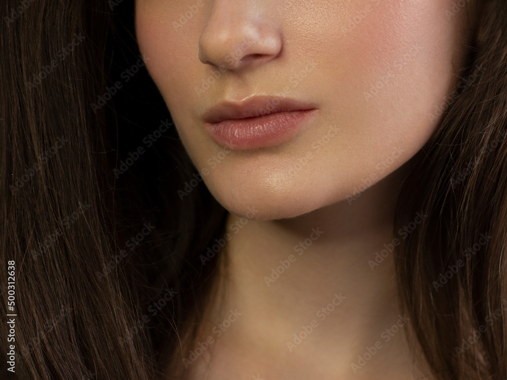 Obraz premium Perfect natural lip makeup. Close up macro photo with beautiful female mouth. Plump full lips. Close-up face detail. Perfect clean skin, light fresh lip make-up. Beautiful spa tender lip
