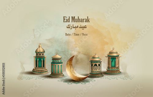 Islamic greetings eid mubarak card design with beautiful lanterns and crescent moon