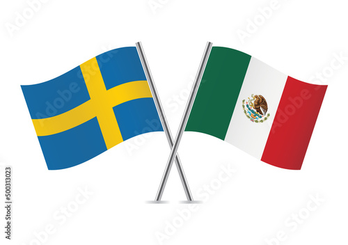 Sweden and Mexico crossed flags. Swedish and Mexican flags are on white background. Vector icon set. Vector illustration.