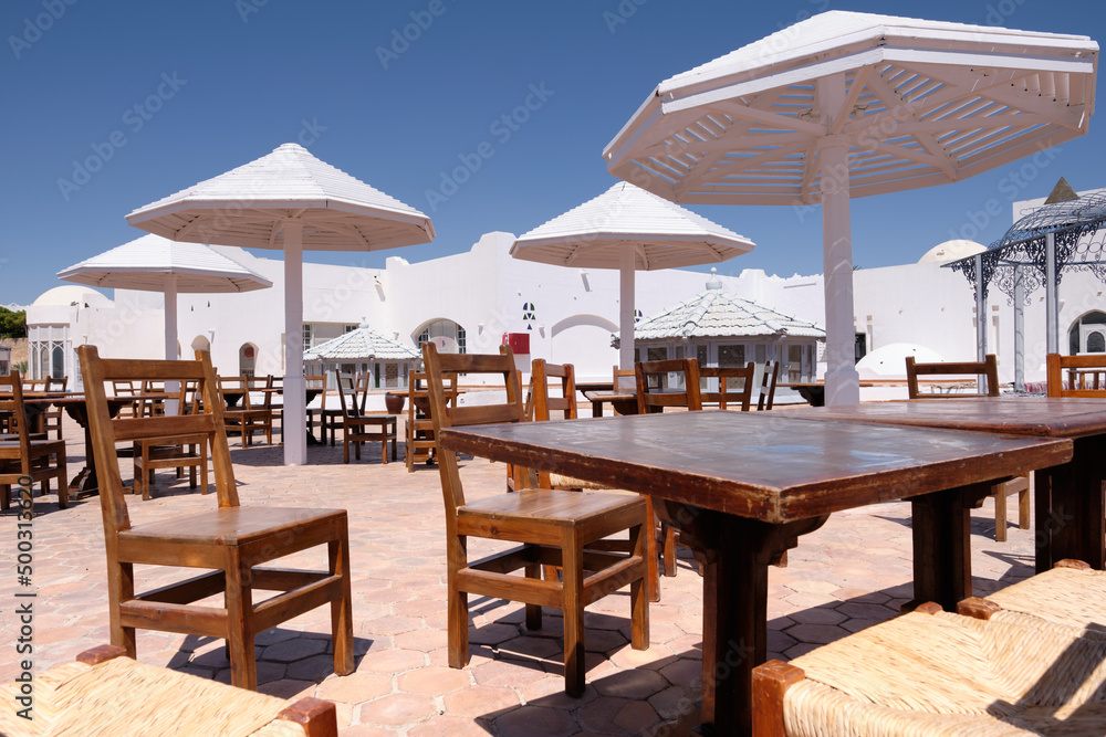 Tables and chairs for outdoor recreation on vacation in hot countries