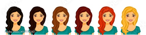 Set young girl. Beautiful of girl with different hair colors. Flat style on white background. Cartoon

