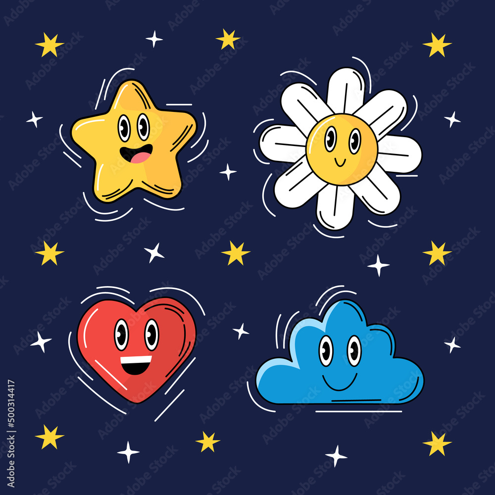 Trendy abstract cartoon. Bright comic heart, star, apple and pencil mascots with funny faces vector set. Running, jumping and walking characters with happy, cheerful facial expressions