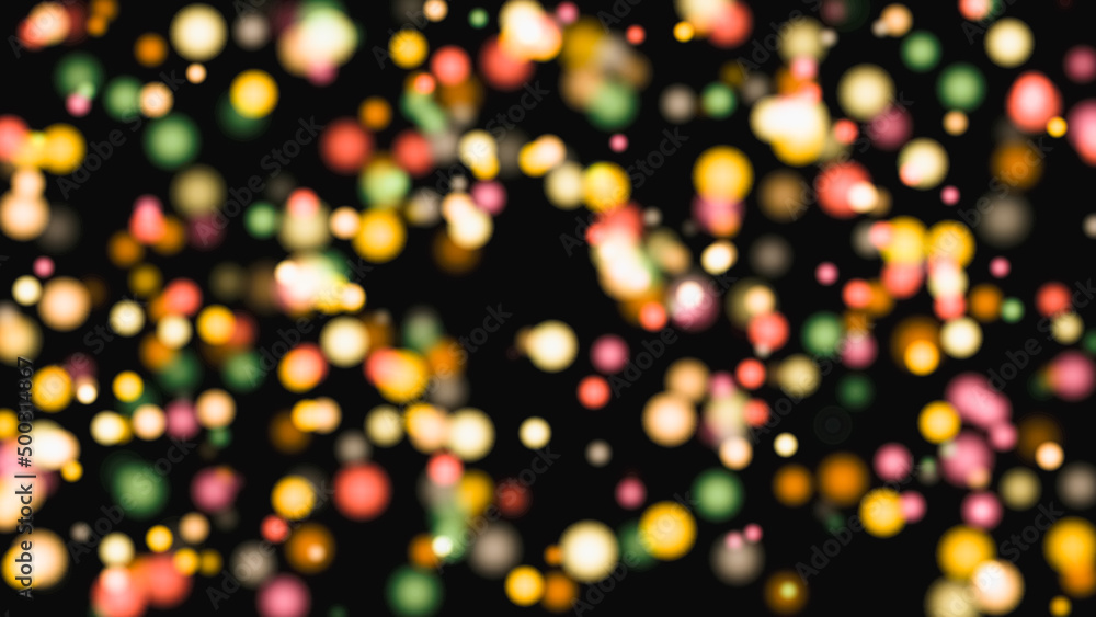 Festive round bokeh of lights on a black background. Pink, green, yellow confetti, defocused lights. Multicolored bokeh on a black background. Blurred focus.