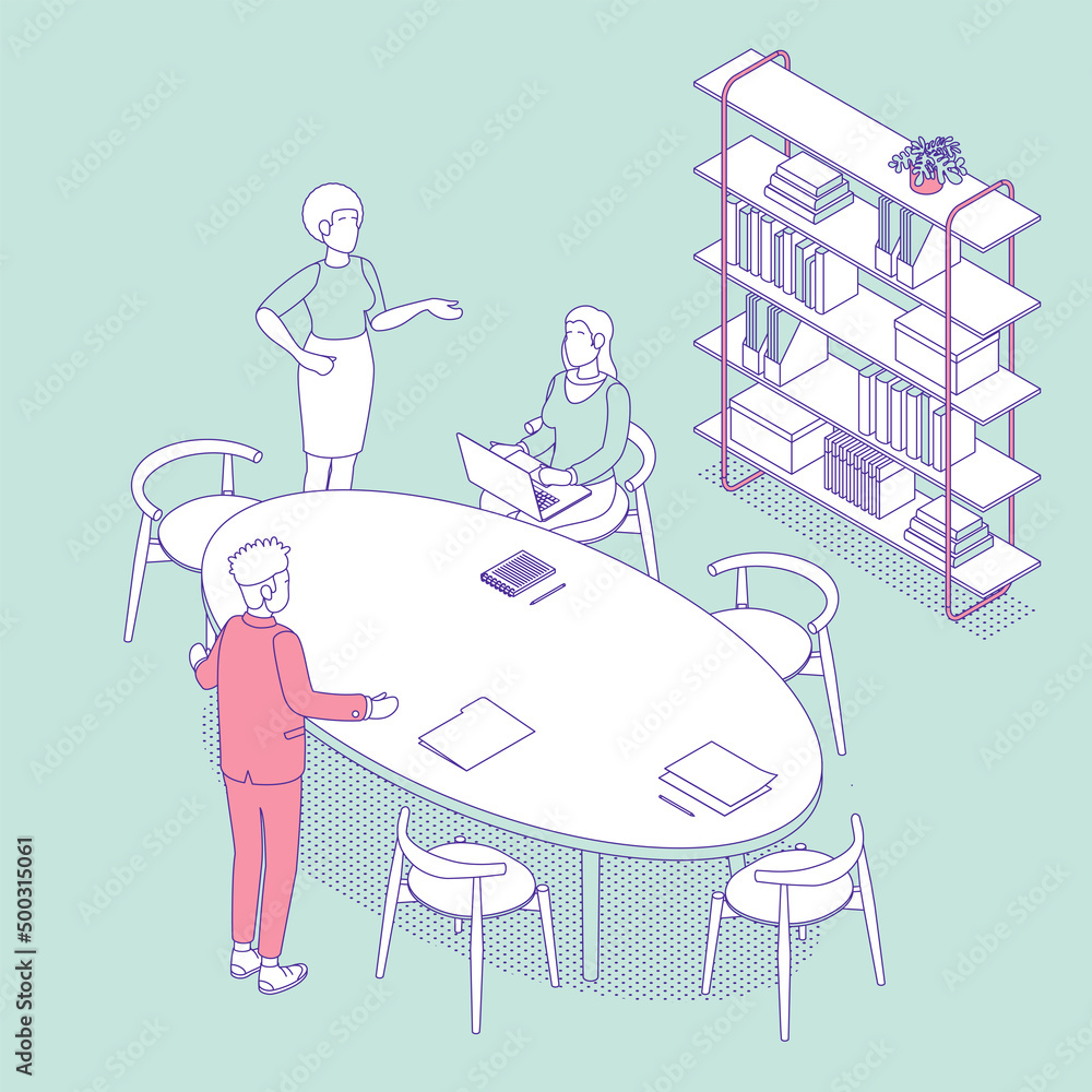 Isometric office with working people. Vector illustration flat design