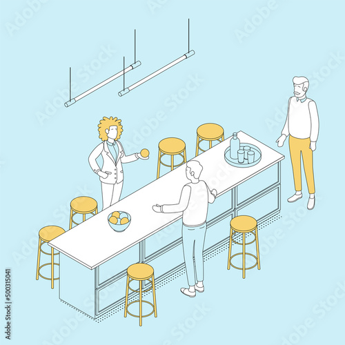Isometric office with working people. Vector illustration flat design isolated. Male and female characters. Office and casual clothes. Outline, linear style, line art. Workspace, coworking, meeting.