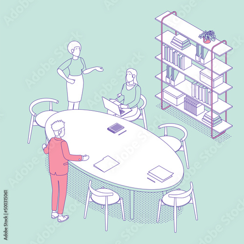 Isometric office with working people. Vector illustration flat design isolated. Male and female characters. Office and casual clothes. Outline, linear style, line art. Conference room, meeting, laptop