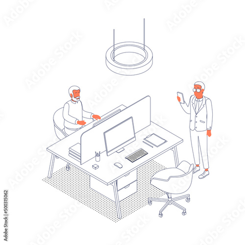 Isometric office with working people. Vector illustration flat design isolated. Male and female characters. Office and casual clothes. Outline, linear style, line art. Desk, chair, computer, office sp