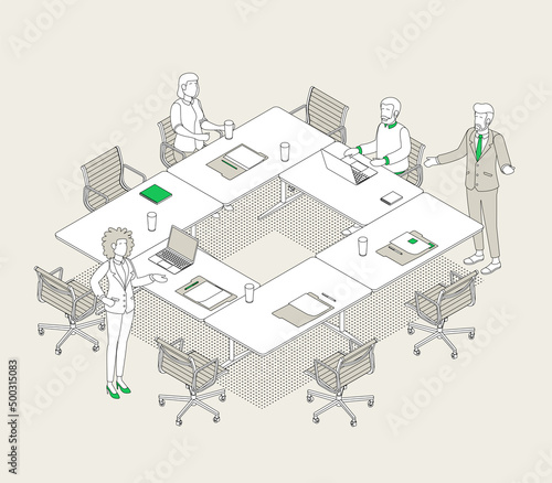 Isometric office with working people. Vector illustration flat design isolated. Male and female characters. Office and casual clothes. Outline, linear style, line art. Conference room, meeting, laptop