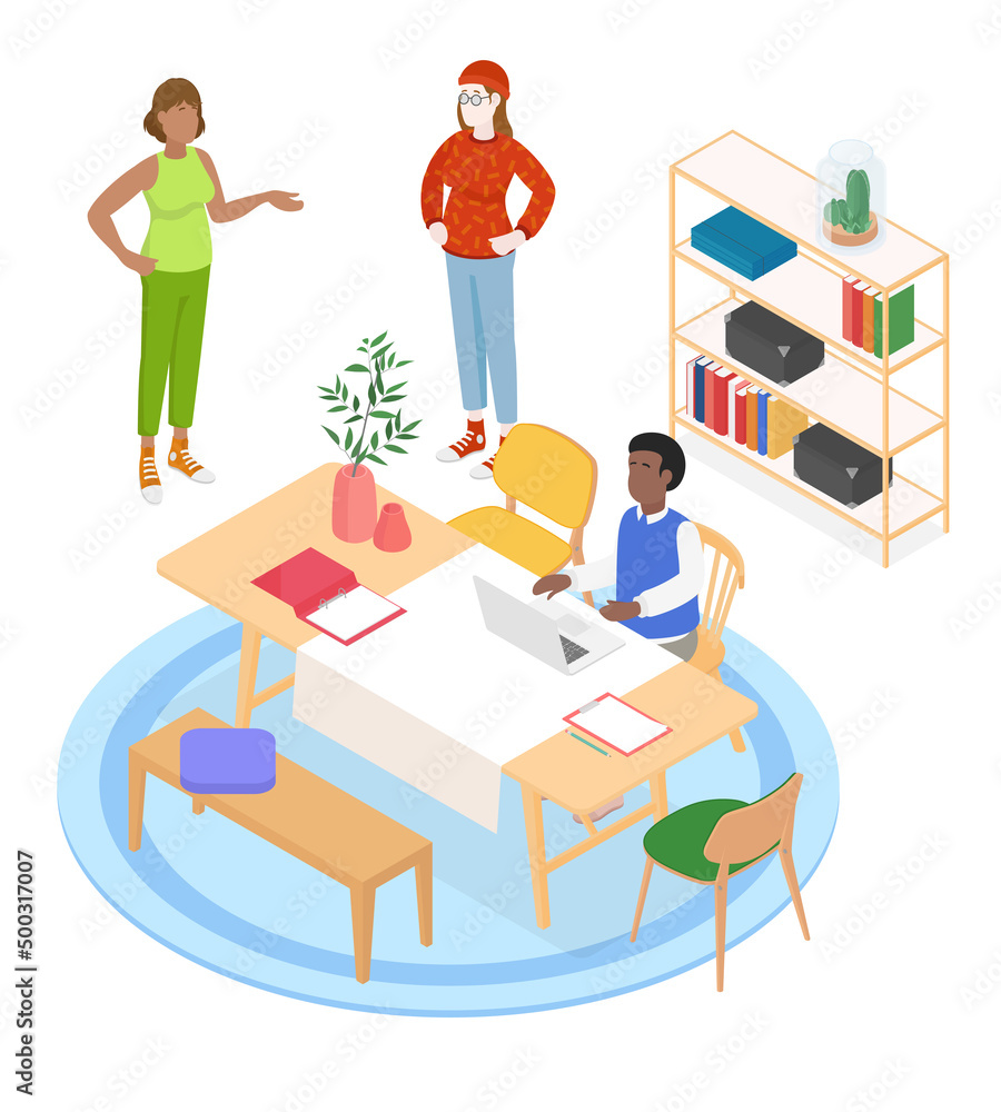 Isometric office with working people. Vector illustration flat design isolated. Male and female characters. Office and casual clothes. Desk, chair, computer, office space, meeting