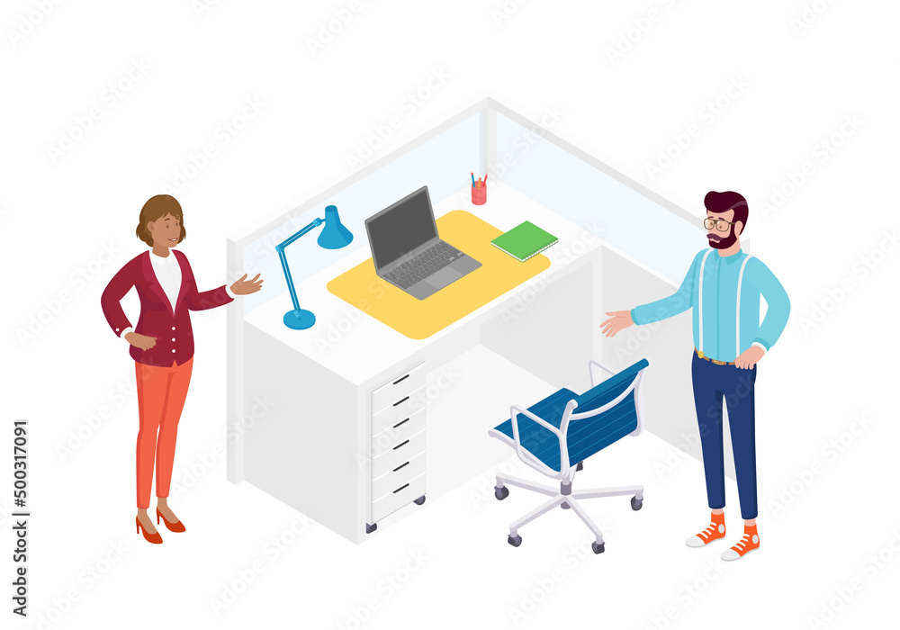Isometric office with working people. Vector illustration flat design isolated. Male and female characters. Office and casual clothes. Desk, chair, computer, office space, meeting Isometric office with working people. Vector illustration flat design isolated. Male and female characters. Office and casual clothes. Desk, chair, computer, office space, meeting