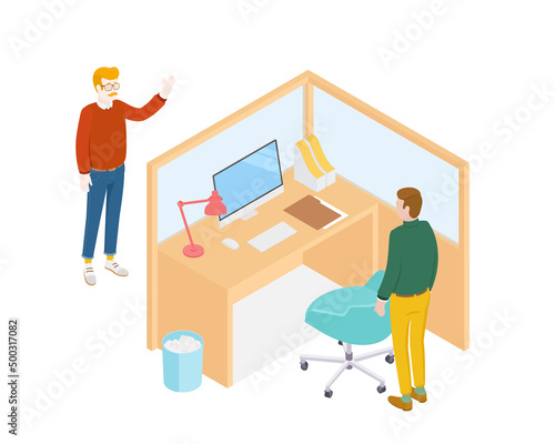 Isometric office with working people. Vector illustration flat design isolated. Male and female characters. Office and casual clothes. Desk, chair, computer, office space, meeting
