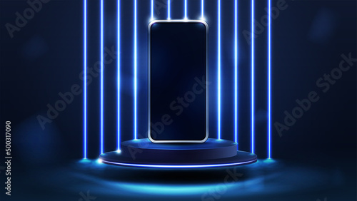 Smartphone on blue podium floating in the air in dark scene with wall of line vertical blue neon lamps on background.