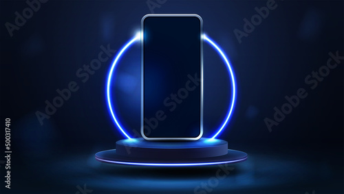 Smartphone on blue podium floating in the air with blue neon ring on background.