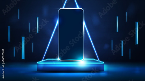 Smartphone on square dark podium for product presentation with line flying lamps around and neon triangle on background, 3d realistic vector illustration. Blue and dark digital scene