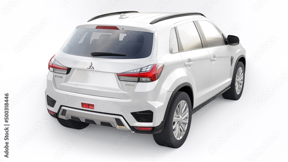 Tokyo. Japan. April 6, 2022. Mitsubishi ASX 2020. White compact urban SUV  on a white uniform background with a blank body for your design. 3d  illustration. Stock Illustration
