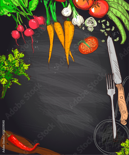 Chalk vegetables and kitchen utensil