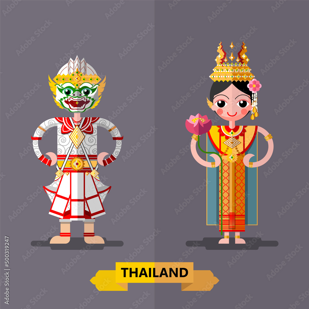 Cute cartoon characters girl in traditional dresses of thailand or thai traditional dance costume  in flat design color style on paper background