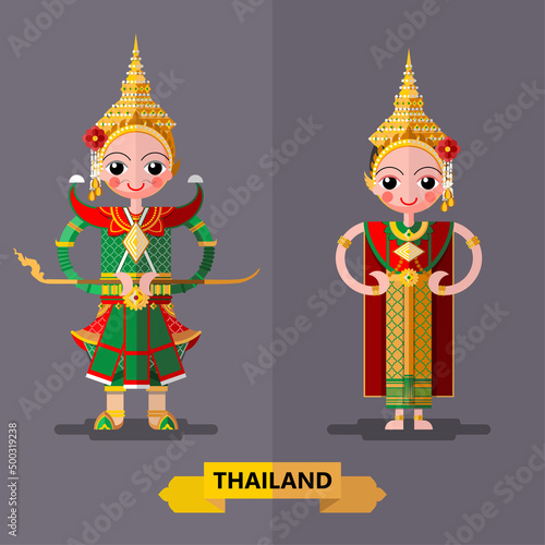 Cute cartoon characters girl in traditional dresses of thailand or thai traditional dance costume  in flat design color style on paper background