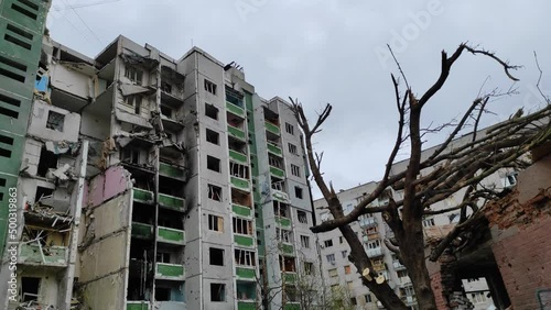 Ruined city Chernihiv near Kyiv on north of Ukraine, damages, destructions, destroyed burnt out infrastructure, ruins of city because of terrorist attacks, bomb shelling of civilian object.