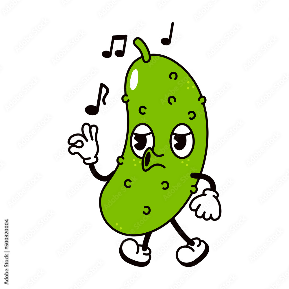 Fototapeta premium Cute funny cucumber walking singing character. Vector hand drawn traditional cartoon vintage, retro, kawaii character illustration icon. Isolated on white background. Cucumber walk and sing character