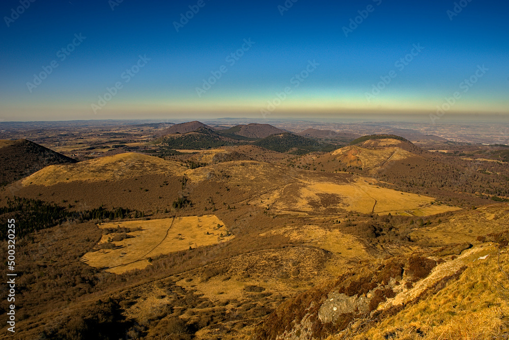 View of the Chaîne des Puys in Auvergne, Panoramic of the Domes. Puy de Dome