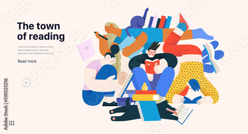 Books graphics -book week events. Modern flat vector concept illustrations of reading people - a group of men and women reading and sharing books and e-books on tablets sitting surrounded by plants