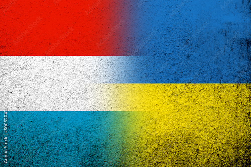 Luxembourg National flag with National flag of Ukraine. Grunge background Luxembourg National flag with National flag of Ukraine. Grunge background