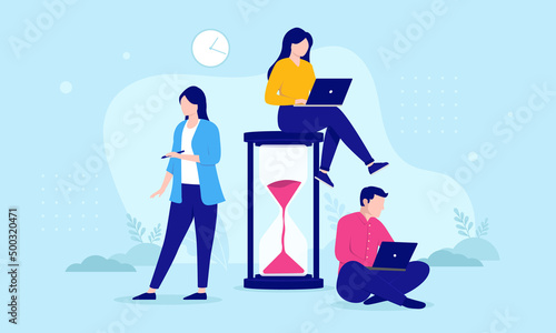 Deadline hourglass and group of effective business people working against time. Flat design vector illustration with blue background