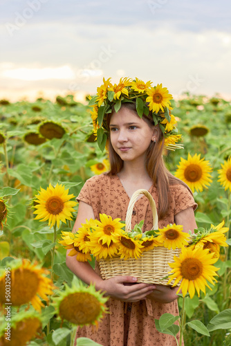 A little beautiful girl with a flower wreath on her head stands in a field with a basket of sunflowers in her hands.